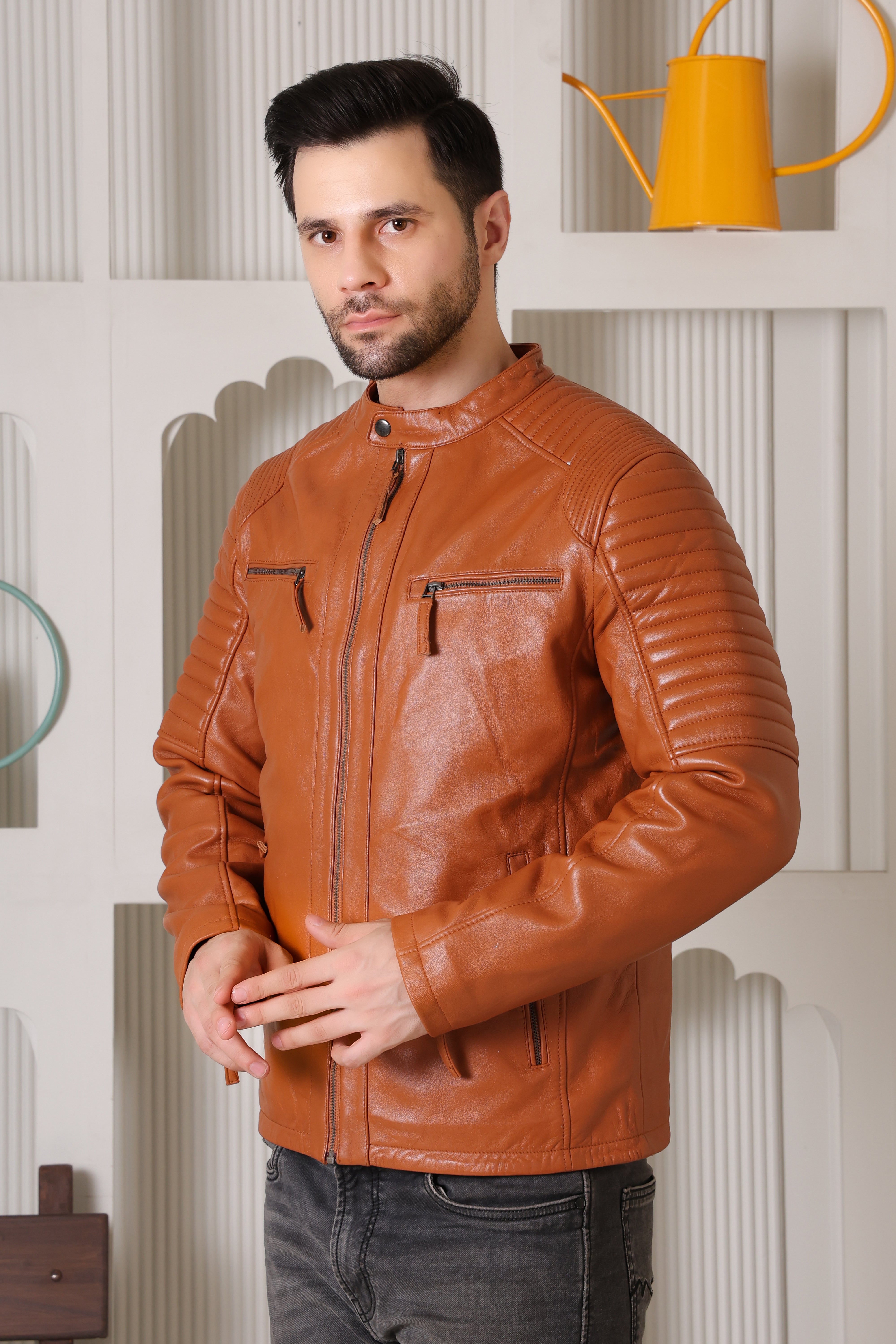 Cool Equal Men's Tan Pure Leather Biker Jacket – Stylish Quilted Shoulder Design