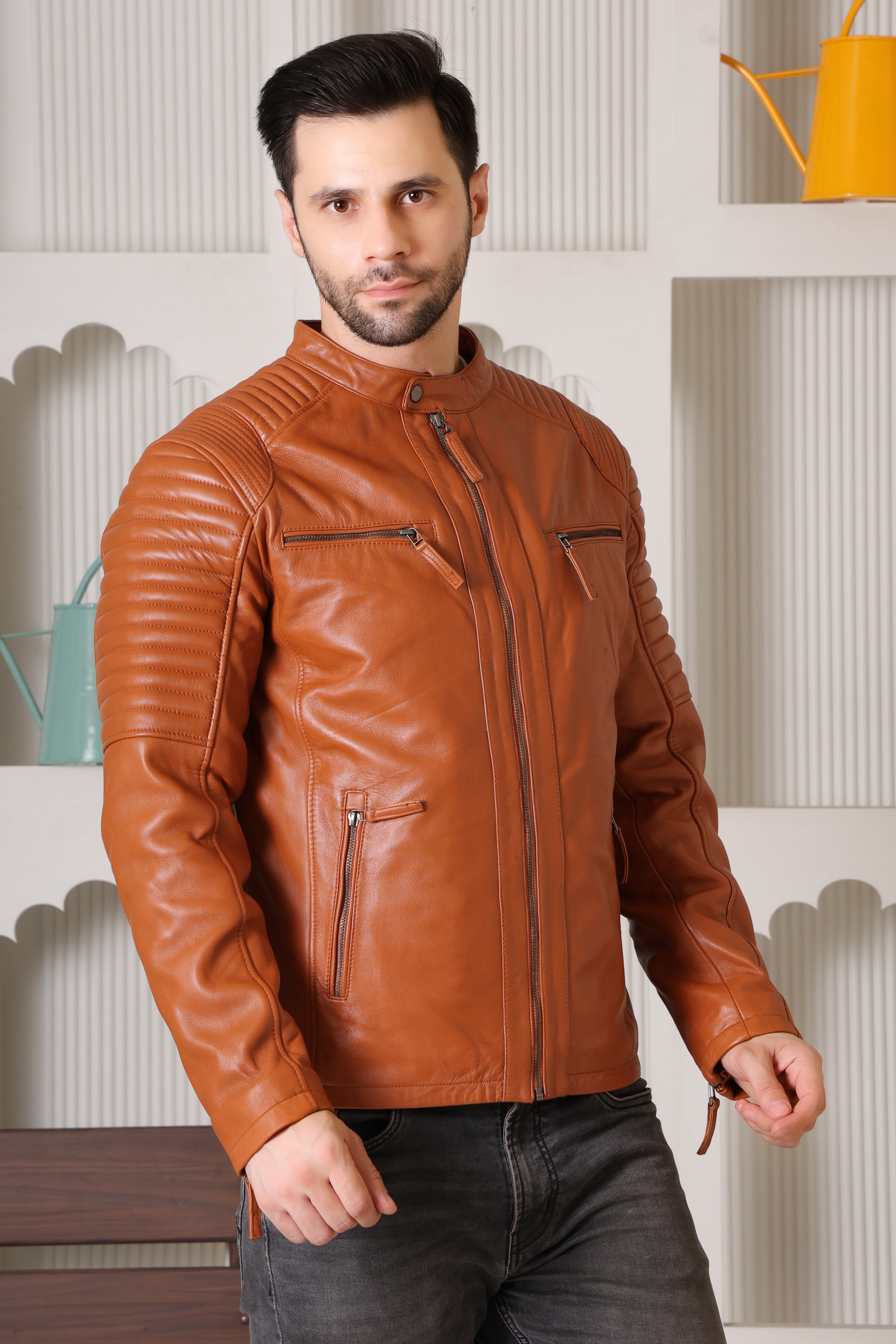 Cool Equal Men's Tan Pure Leather Biker Jacket – Stylish Quilted Shoulder Design