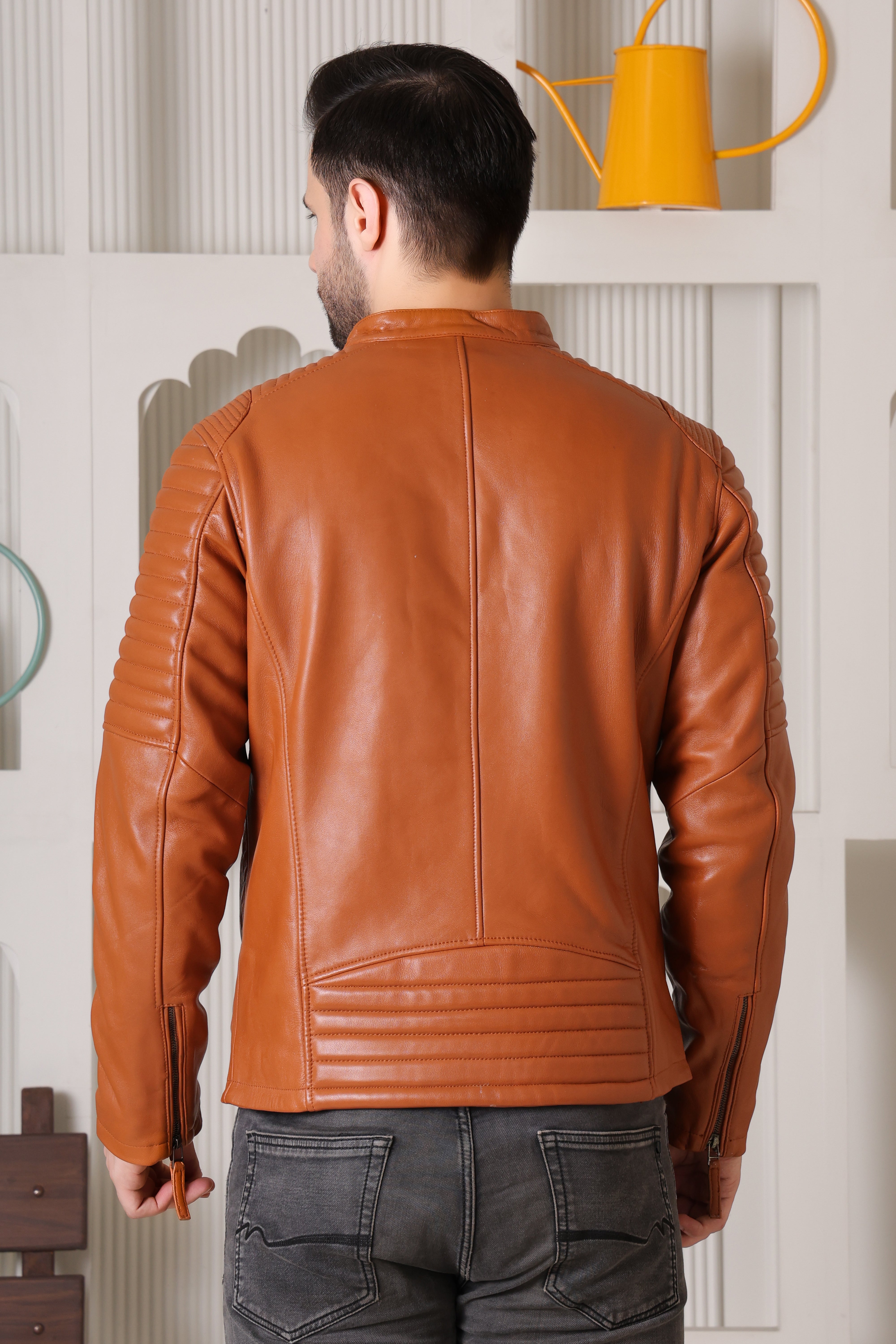 Cool Equal Men's Tan Pure Leather Biker Jacket – Stylish Quilted Shoulder Design