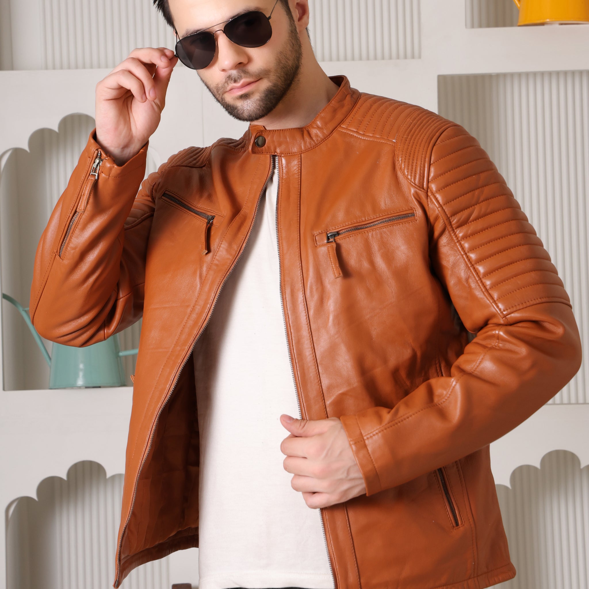 Cool Equal Men's Tan Pure Leather Biker Jacket – Stylish Quilted Shoulder Design