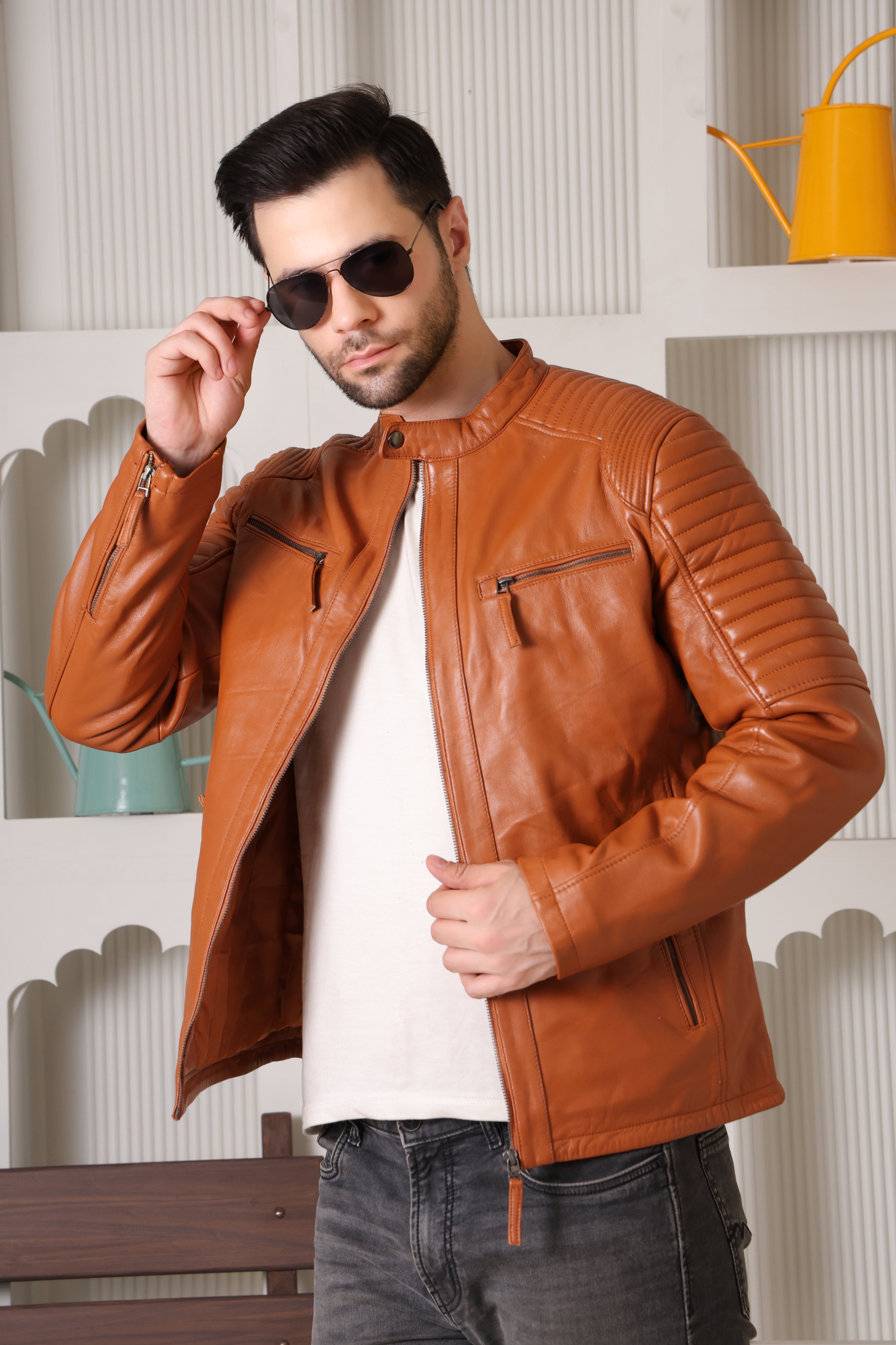 Cool Equal Men's Tan Pure Leather Biker Jacket – Stylish Quilted Shoulder Design
