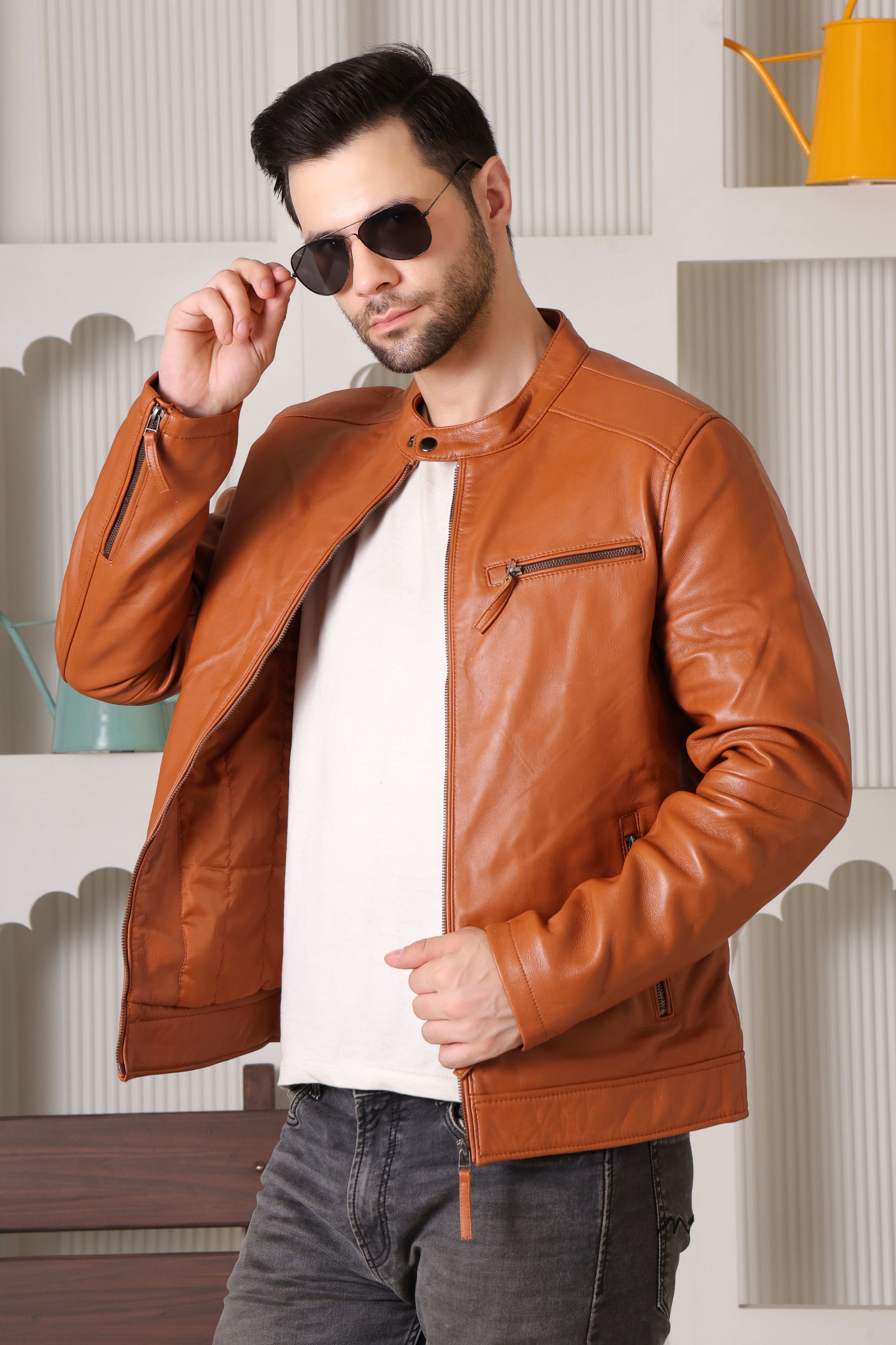 Cool Equal Men's Pure Leather Tan Jacket