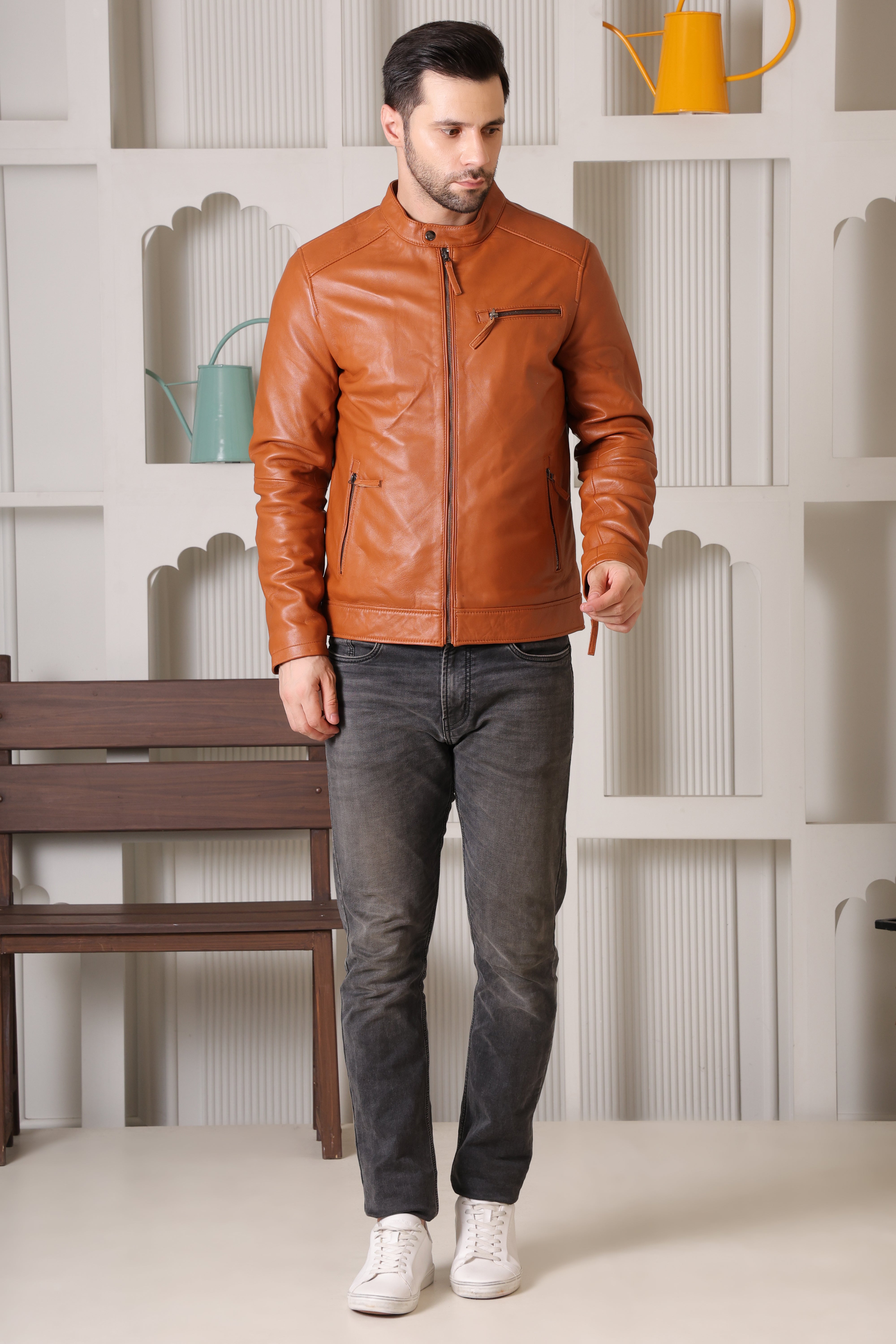 Cool Equal Men's Pure Leather Tan Jacket