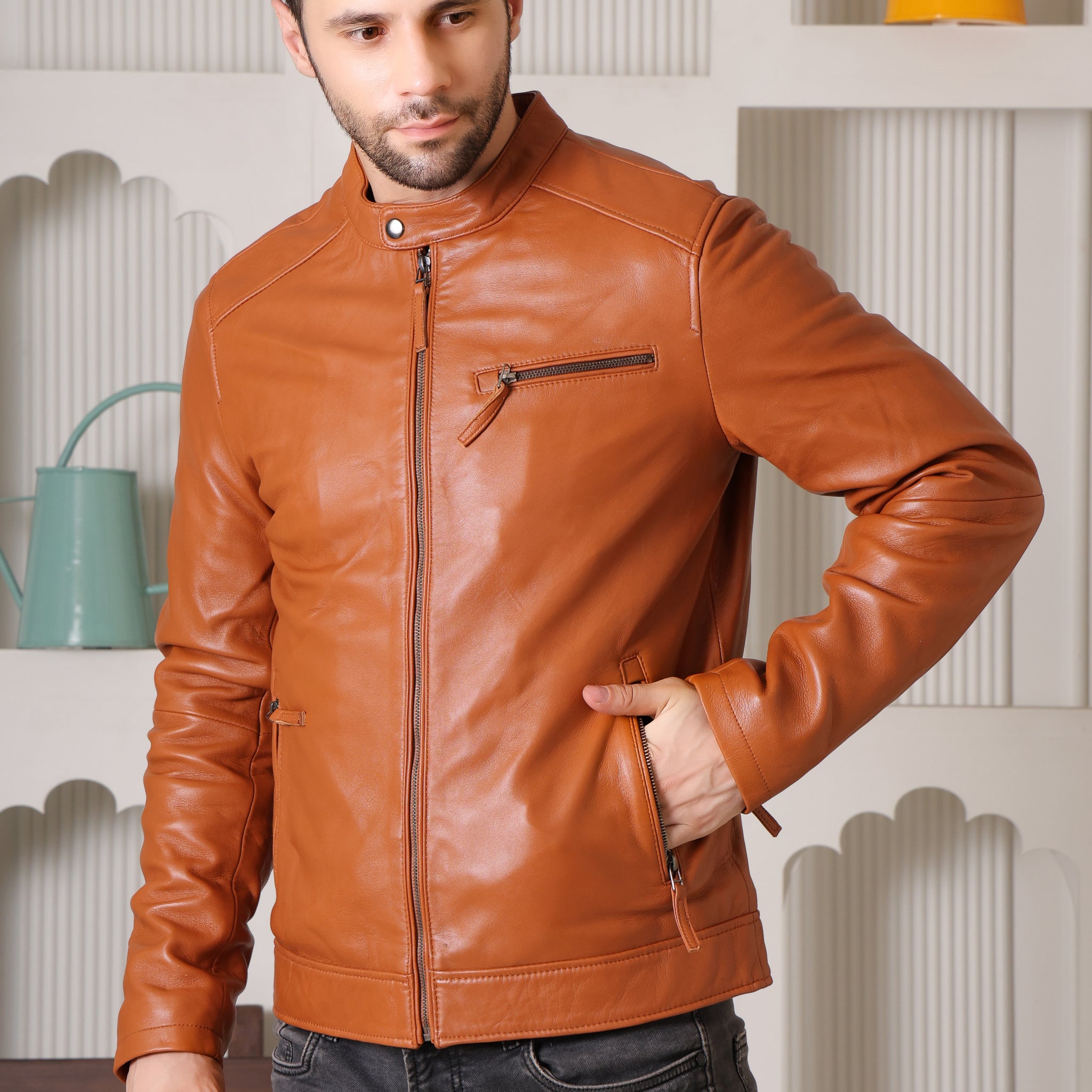 Cool Equal Men's Pure Leather Tan Jacket