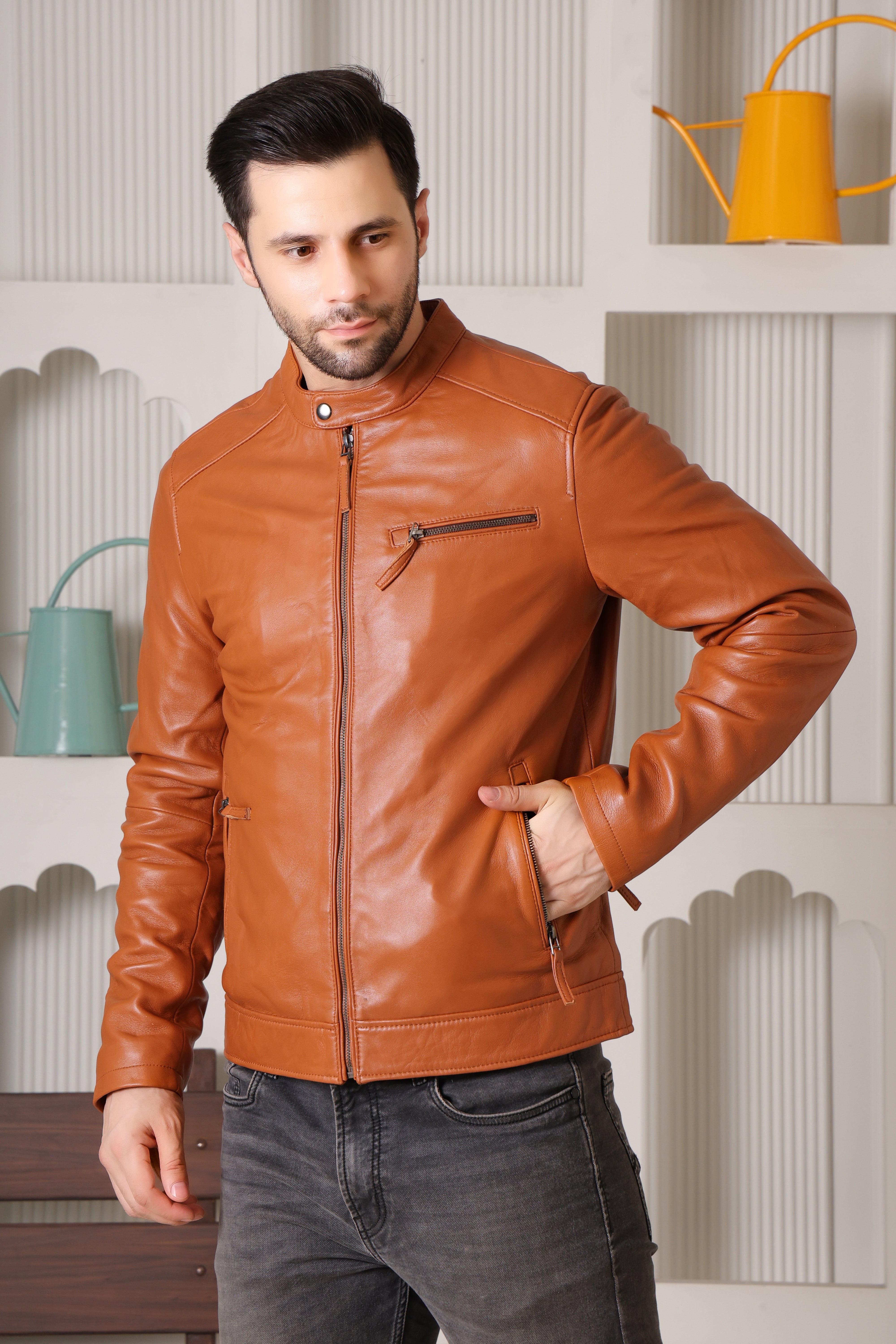 Cool Equal Men's Pure Leather Tan Jacket