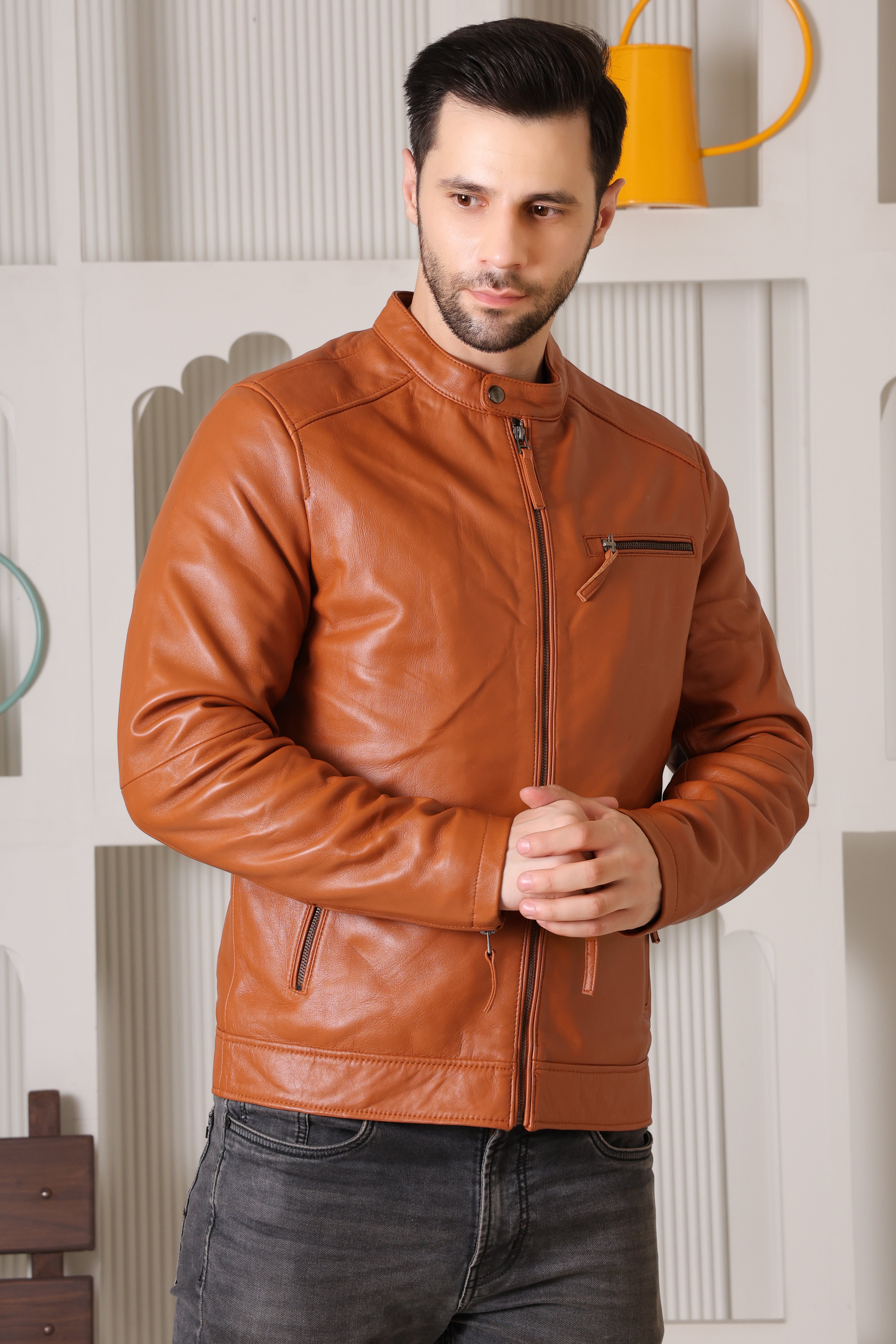 Cool Equal Men's Pure Leather Tan Jacket