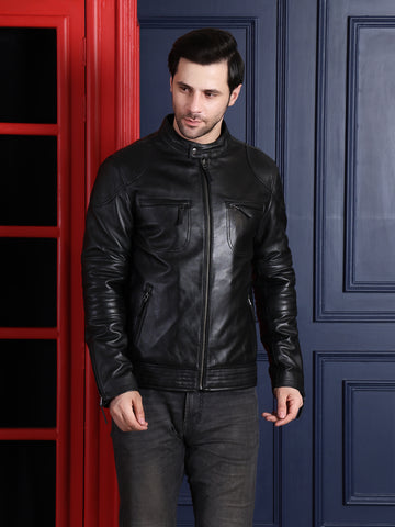 Cool Equal Men’s Pure Leather Black Jacket – Premium Winter Style with Front Zip Closure