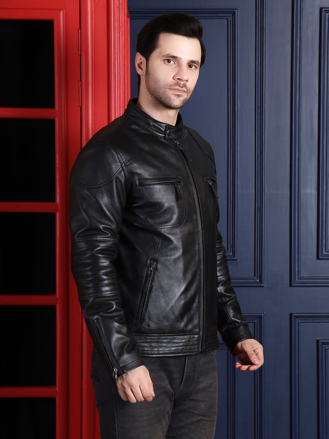 Cool Equal Men’s Pure Leather Black Jacket – Premium Winter Style with Front Zip Closure